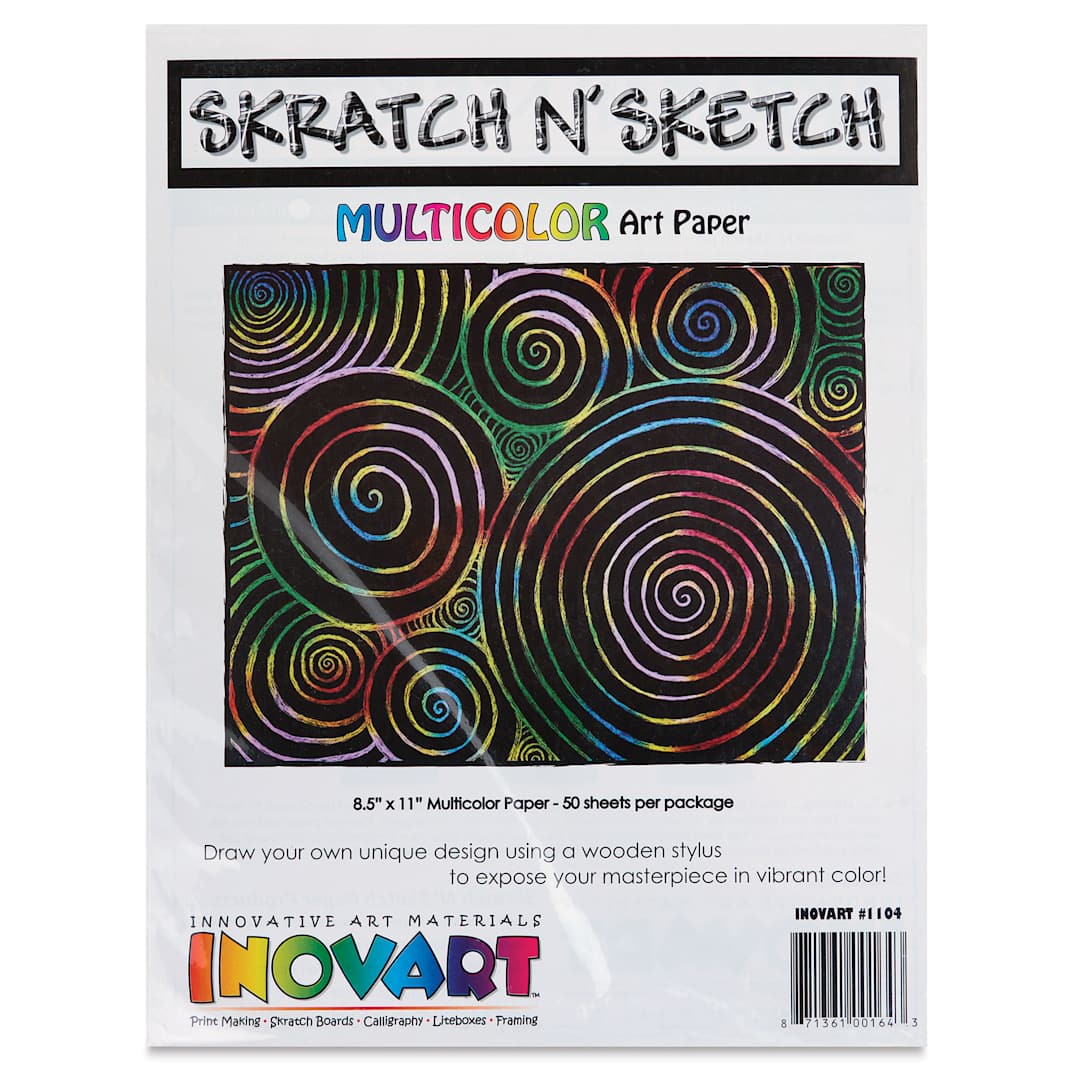 Open in modal - Inovart Skratch N' Sketch Scratch Paper - Multicolor, Pkg of 50, front of the packaging