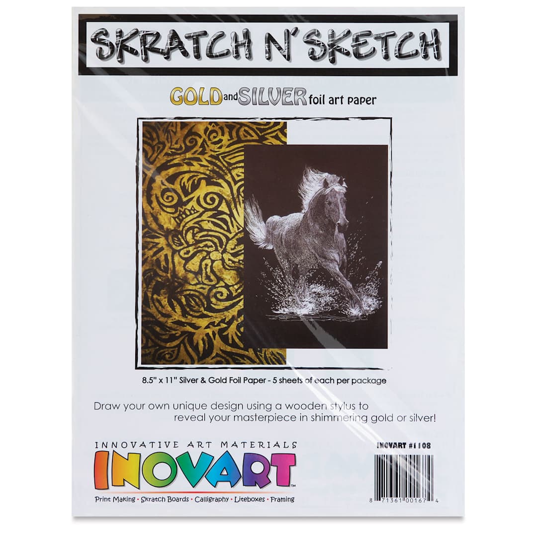 Open in modal - Inovart Skratch N' Sketch Scratch Foil Paper - Gold and Silver, Pkg of 10, front of the packaging