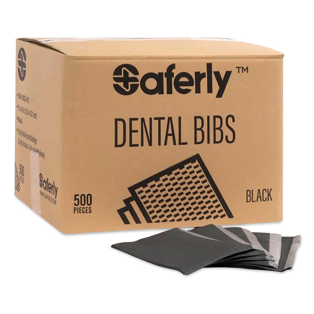 Open in modal - Saferly Medical Dental Bibs - Black, 13" x 18", Pkg of 500, bibs next to packaging