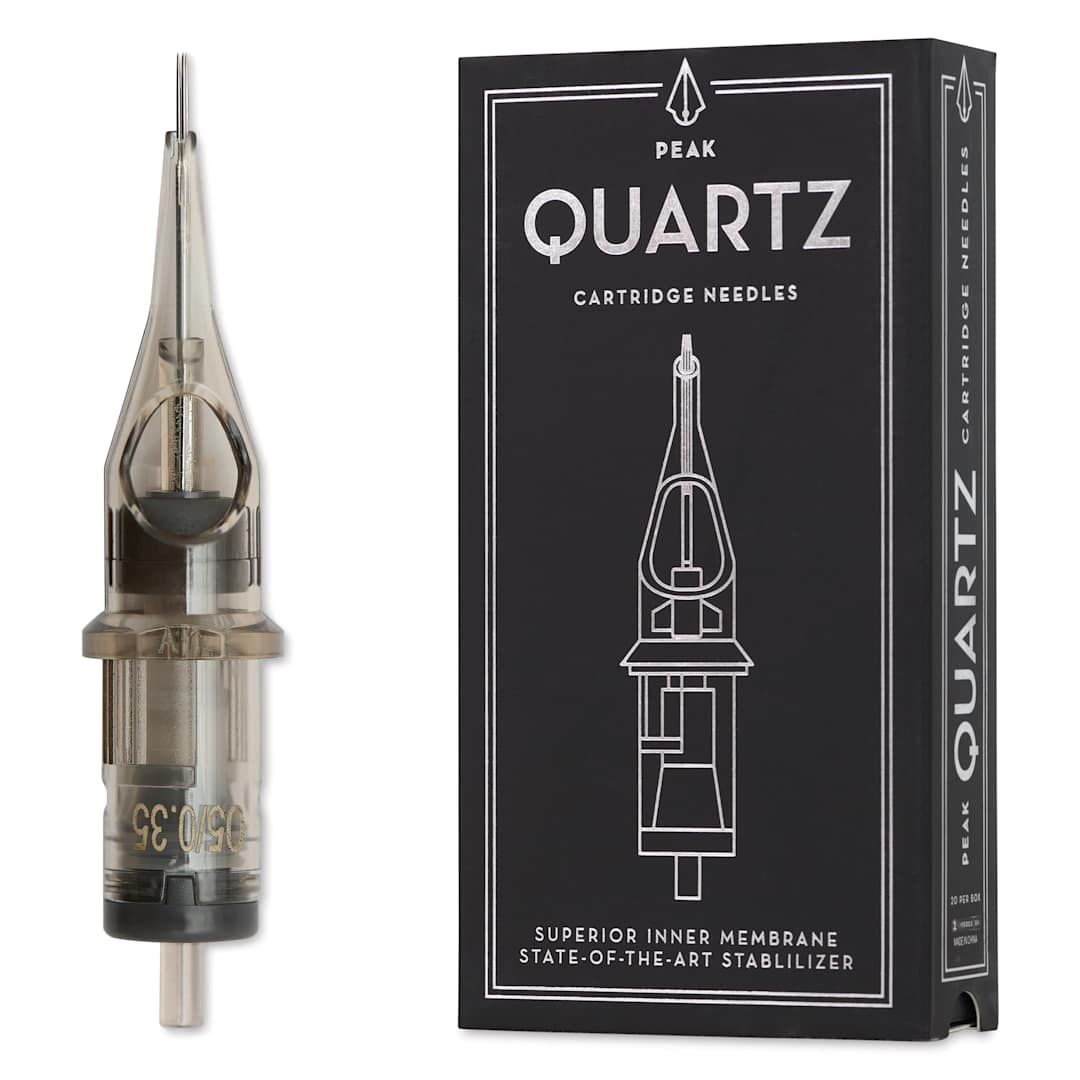 Open in modal - Peak Quartz Round Shader Short Taper Tattoo Needle Cartridges - #12, 5 Needles, Pkg of 20, needle and packaging
