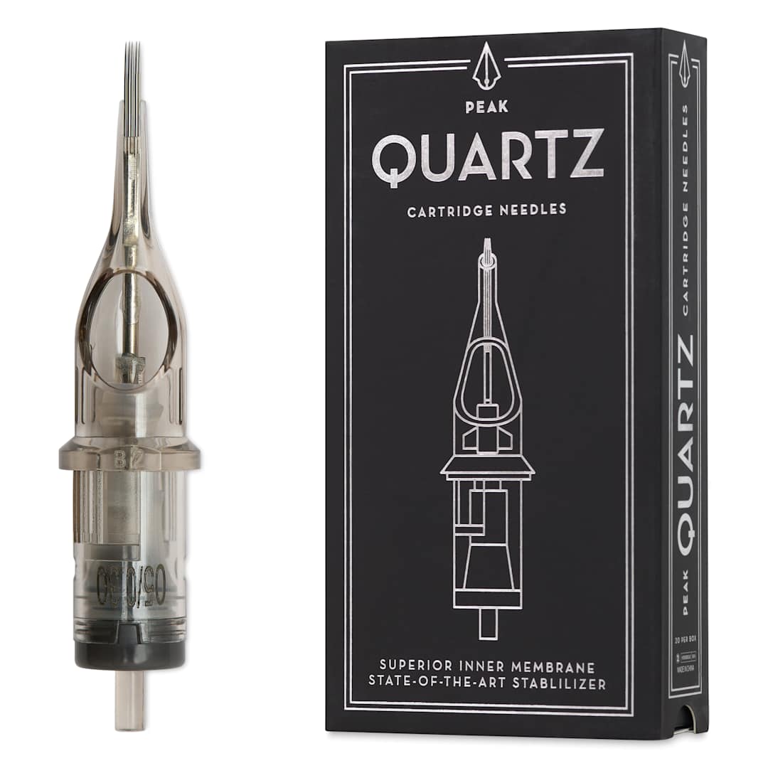 Open in modal - Peak Quartz Magnum Medium Taper Tattoo Needle Cartridges - #10, 5 Needles, Pkg of 20, needle and packaging