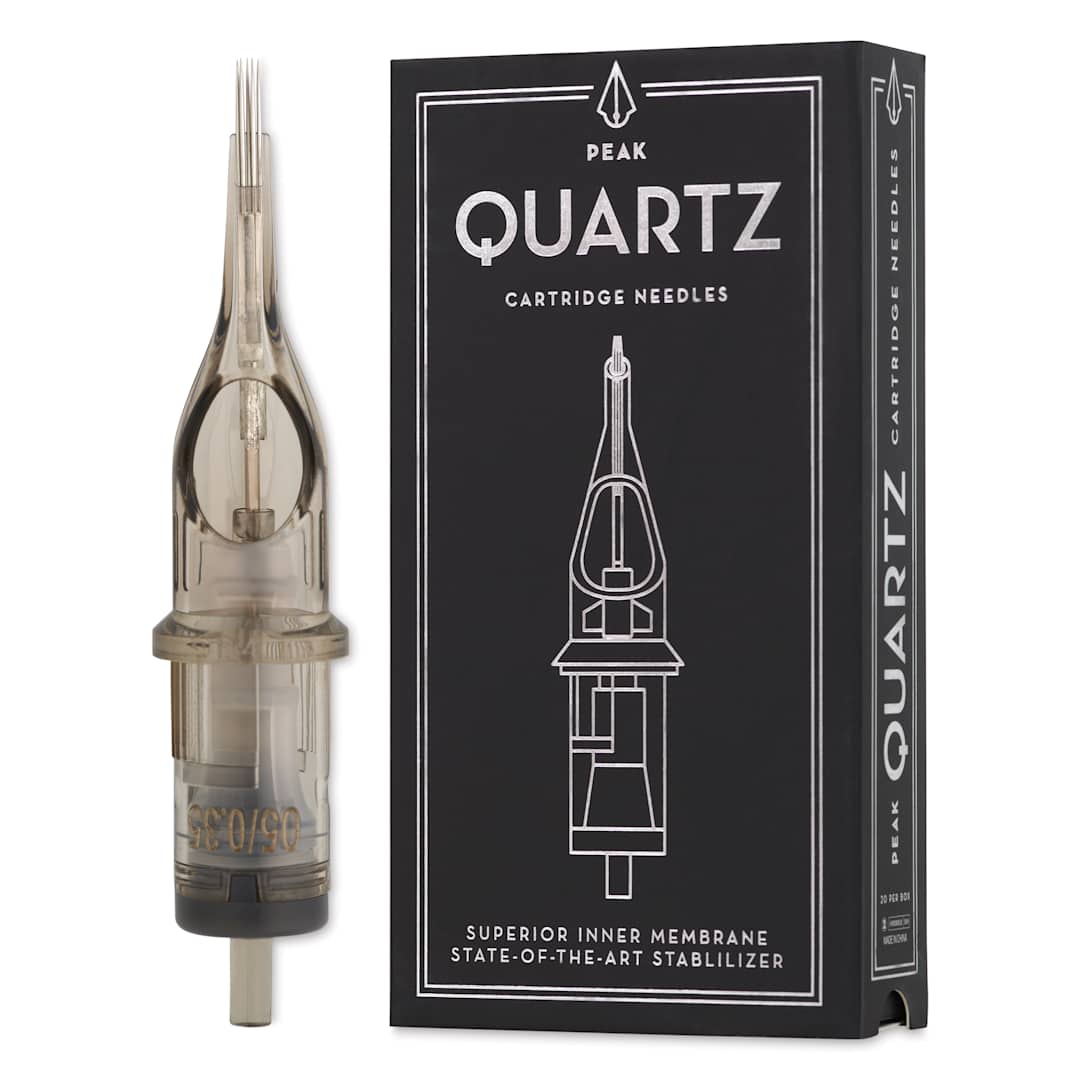 Open in modal - Peak Quartz Curved Magnum Long Taper Tattoo Needle Cartridges - #12, 5 Needles, Pkg of 20, needle and packaging