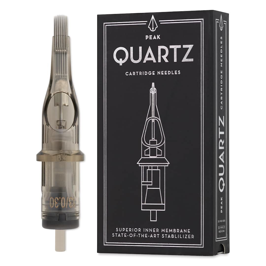 Open in modal - Peak Quartz Curved Magnum Medium Taper Tattoo Needle Cartridges - #10, 13 Needles, Pkg of 20, needle and packaging