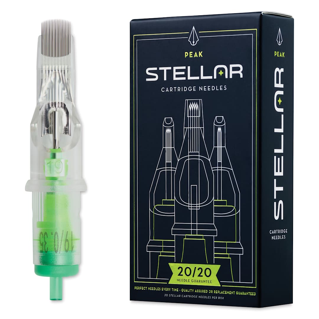 Open in modal - Peak Stellar Curved Magnum Long Taper Tattoo Needle Cartridges - #12, 19 Needles, Pkg of 20, needle and packaging