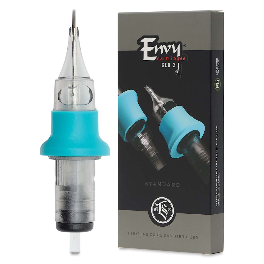 Open in modal - TatSoul Envy Gen 2 Standard Round Liner Long Taper Tattoo Needle Cartridge - #12, 9 Needles, Pkg of 10, needle and packaging