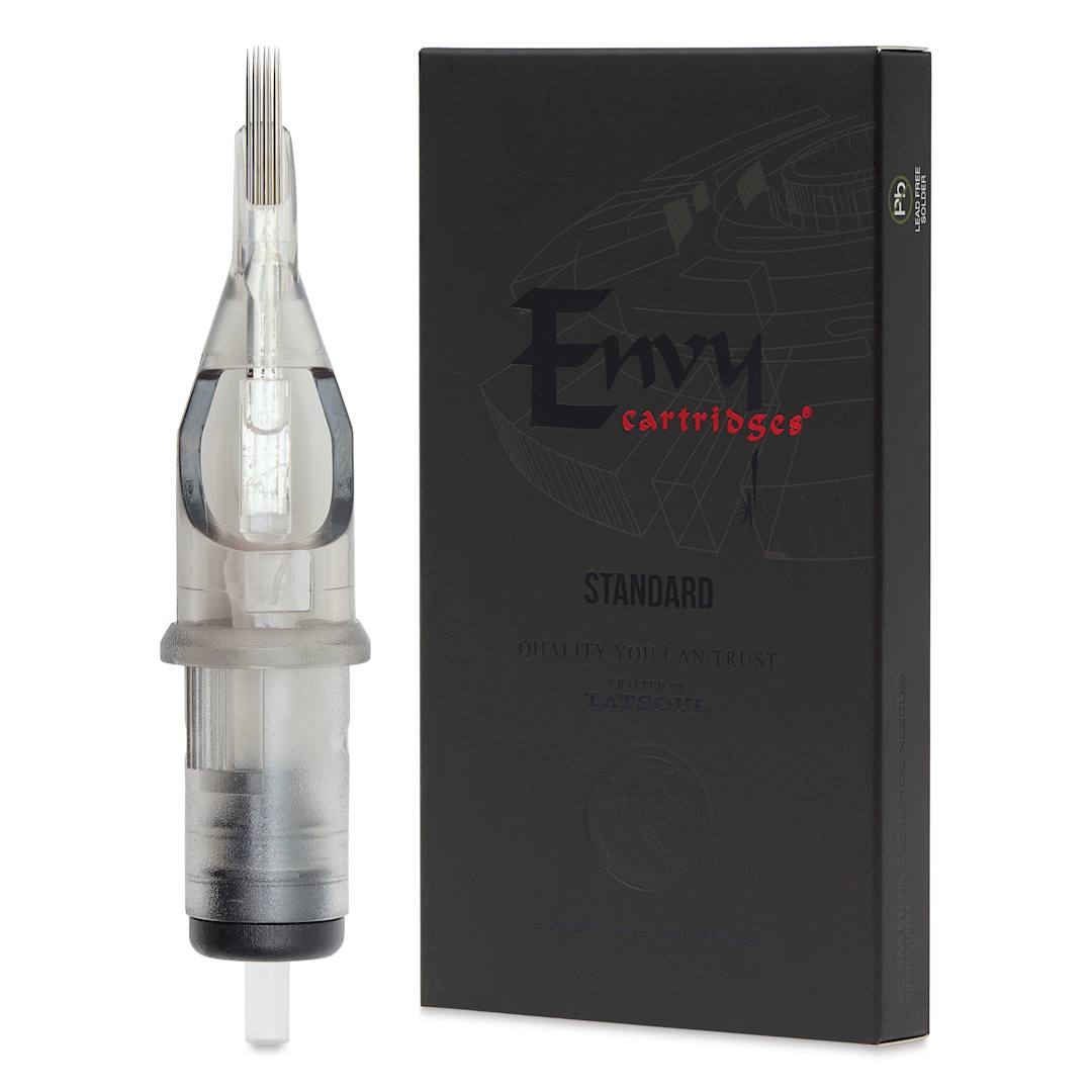 Open in modal - TatSoul Envy Standard Curved Magnum Long Taper Tattoo Needle Cartridge - #12, 7 Needles, Pkg of 10, needle and packaging