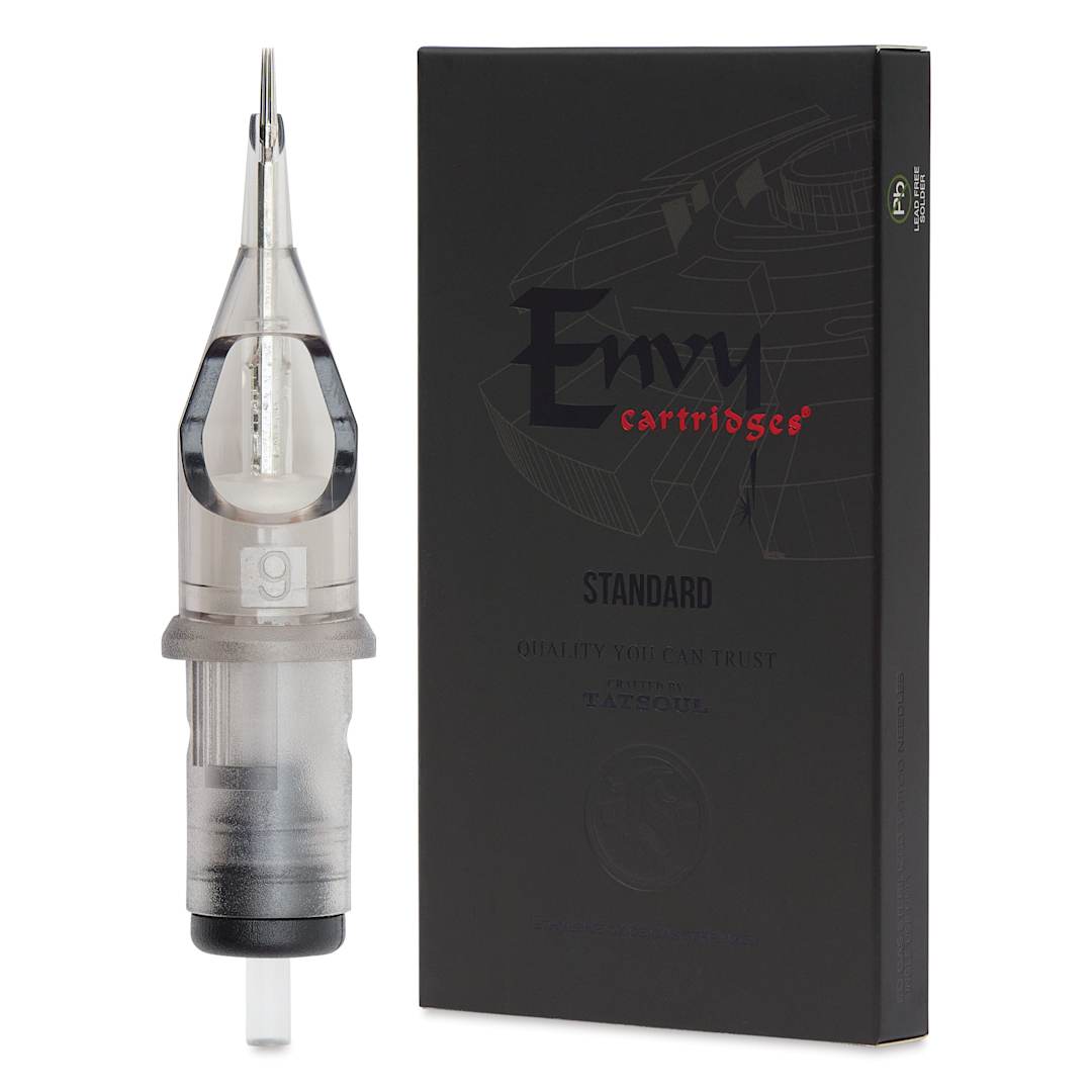 Open in modal - TatSoul Envy Standard Round Liner Long Taper Tattoo Needle Cartridge - #12, 9 Needles, Pkg of 10, needle and packaging