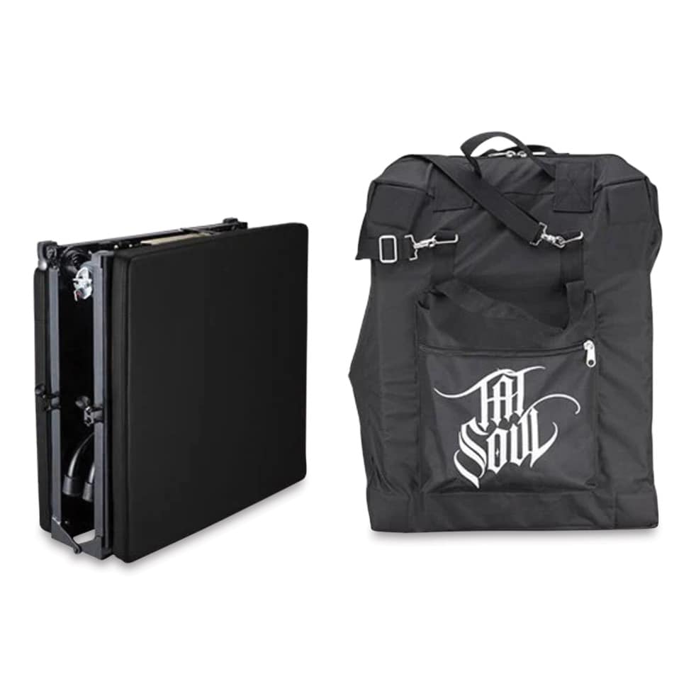 Open in modal - TatSoul X Portable Tattoo Table, folded up next to travel bag