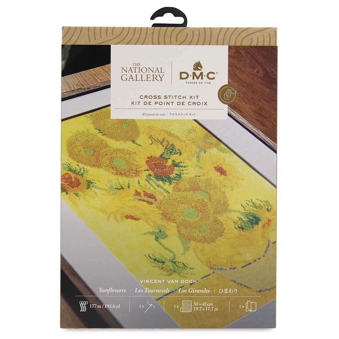 Open in modal - DMC The Masters Collection Cross Stitch Kit - “Sunflowers” by Vincent van Gogh, front of packaging