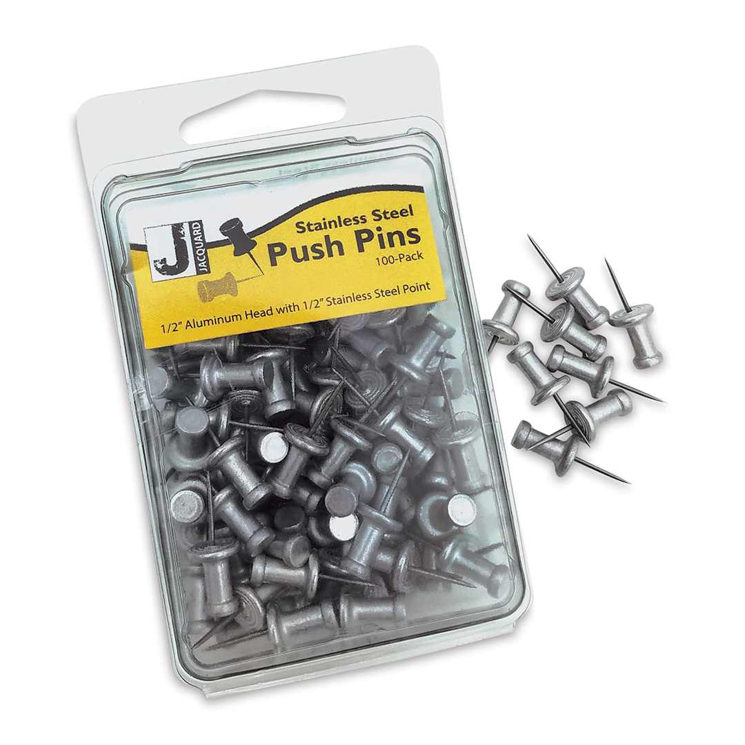 Open in modal - Jacquard Stainless Steel Push Pins - Box of 100 push pins shown with 8 pins out of package