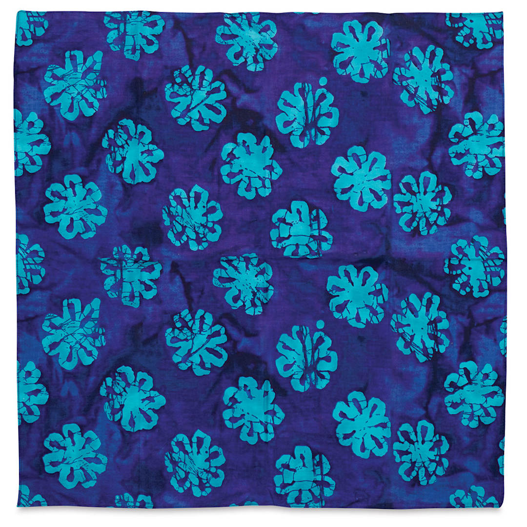 Open in modal - Carolina Batik Bandana - Blue Flowers on Purple background Bandana shown
