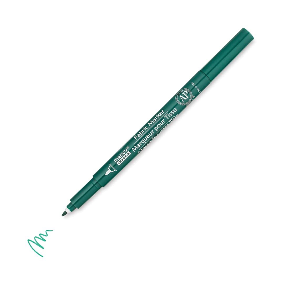 Open in modal - Marvy Uchida Fine Point Fabric Marker - Green (Marker with swatch, Cap off)
