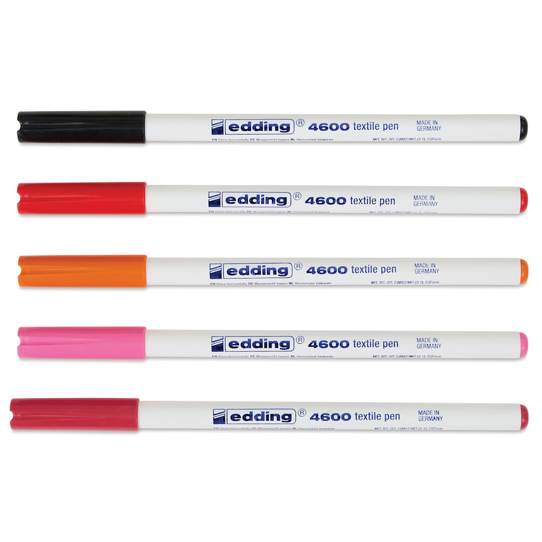 Open in modal - Edding 4600 Textile Pens - Warm, Set of 5, markers laid out with caps on