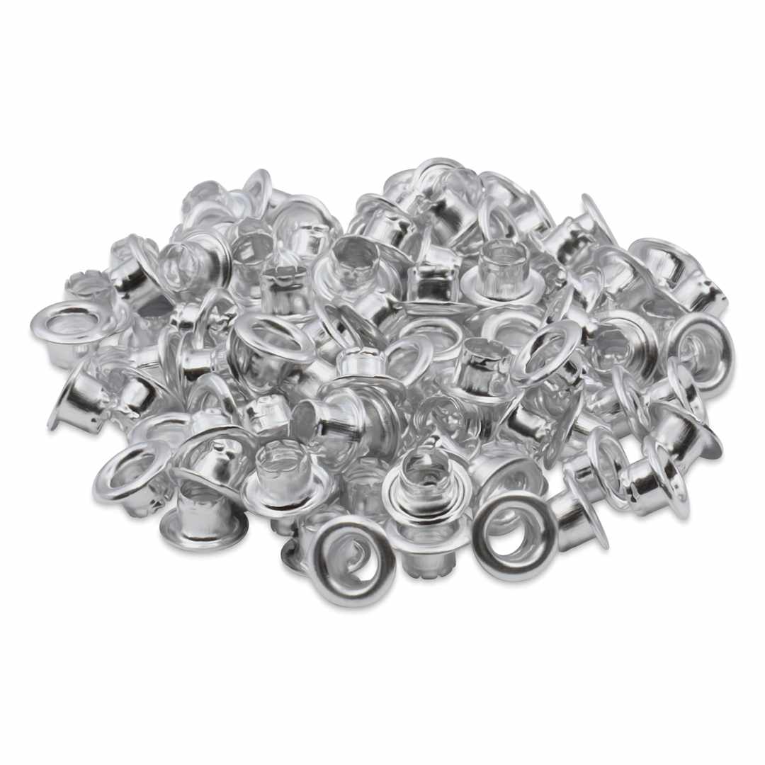 Open in modal - Dritz Eyelets - 100 Small, Nickel eyelets, laid outside of the packaging