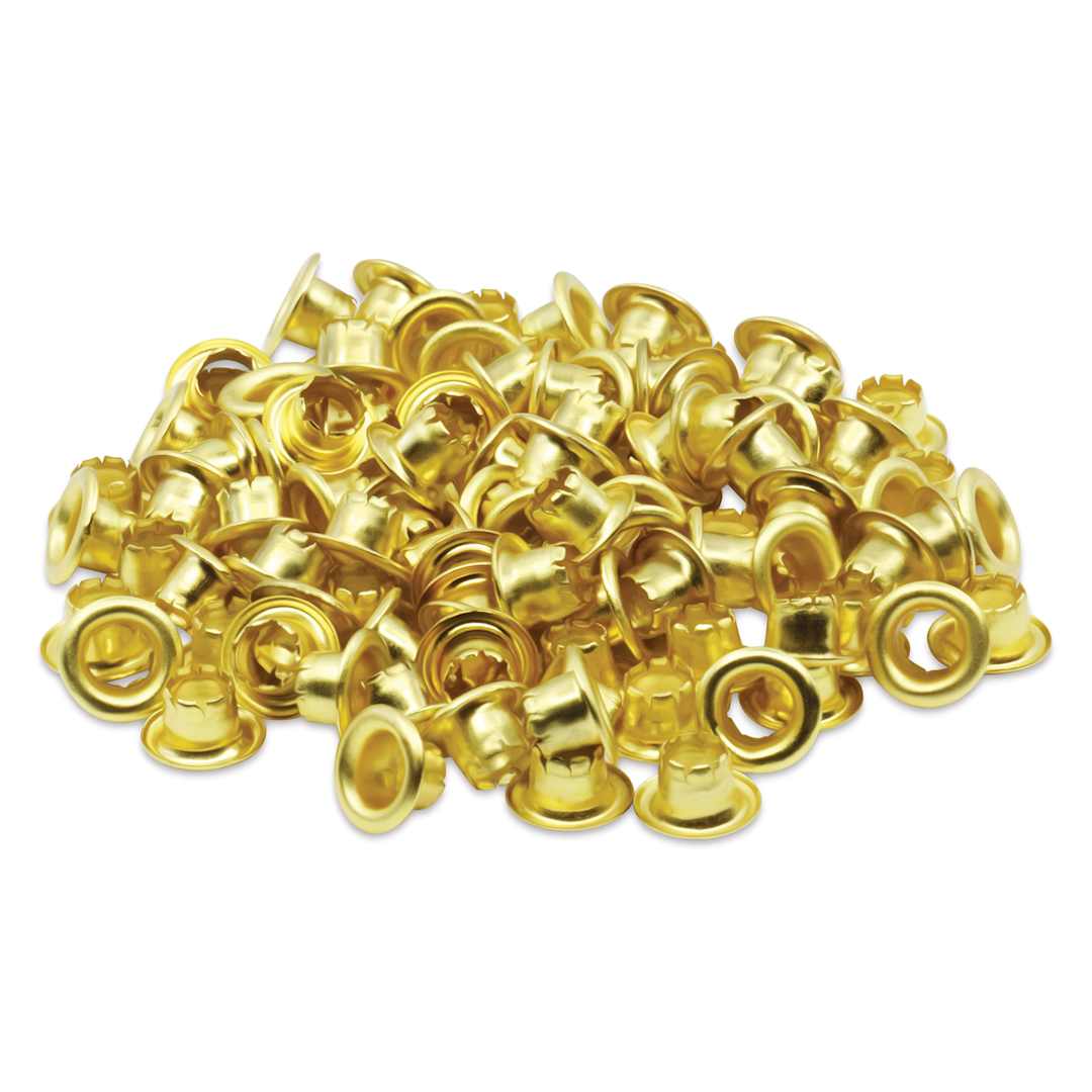 Open in modal - Dritz Eyelets - 100 Small, Brass eyelets, laid outside of the packaging