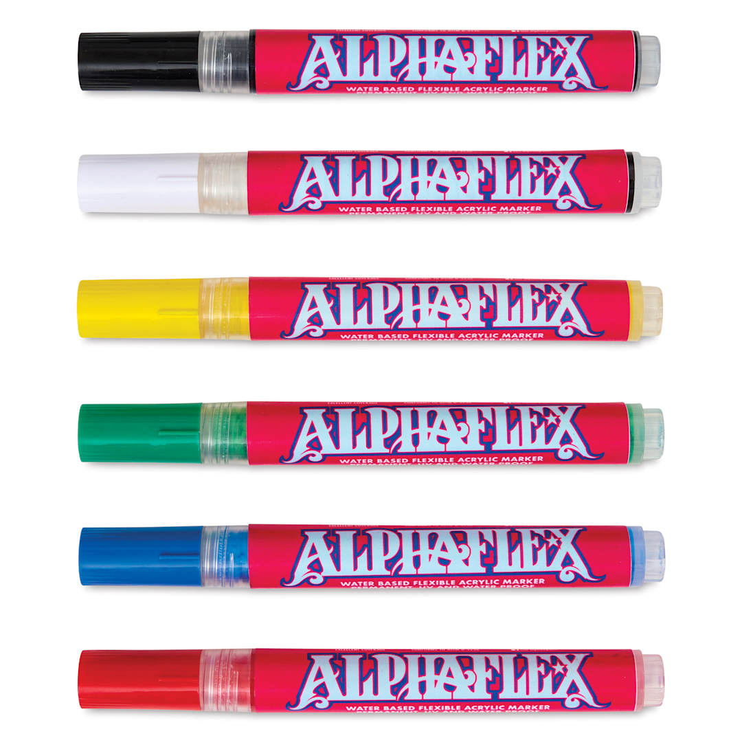 Open in modal - Alpha6 AlphaFlex Textile and Leather Paint Markers - Assorted Colors, 4 mm, Set of 6 markers with caps on