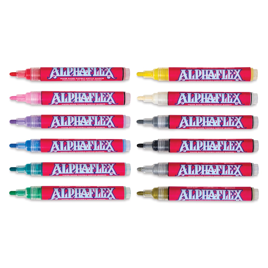 Open in modal - Alpha6 AlphaFlex Textile and Leather Paint Markers - Assorted Colors, 4 mm, Set of 12 markers with caps off