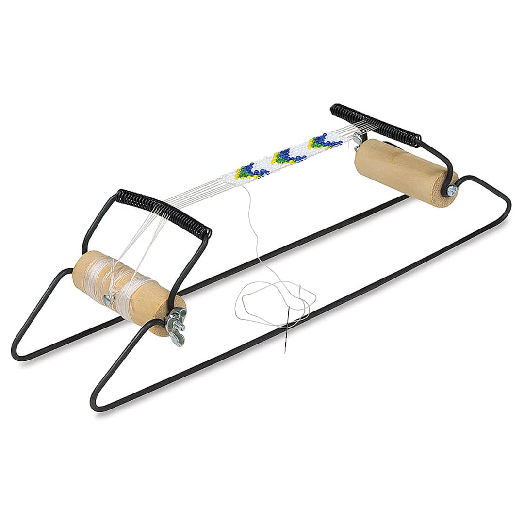 Open in modal - Creativity Street Bead Loom Kit - Angled view of loom with partially woven beaded bracelet