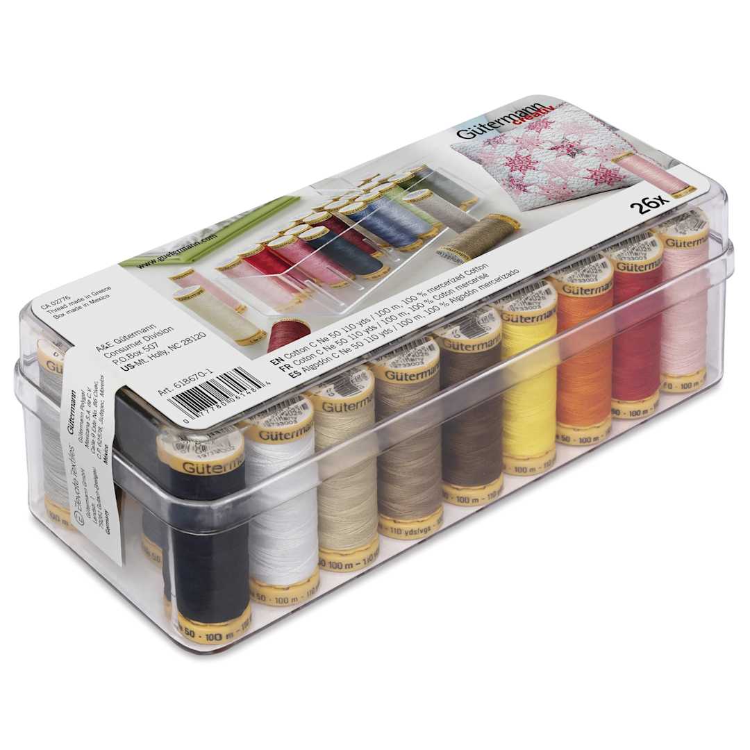 Open in modal - Gutermann Natural Cotton 50 Sewing Thread - Set of 26 with Box, Basic Shades, 109 yds showing top of packaging