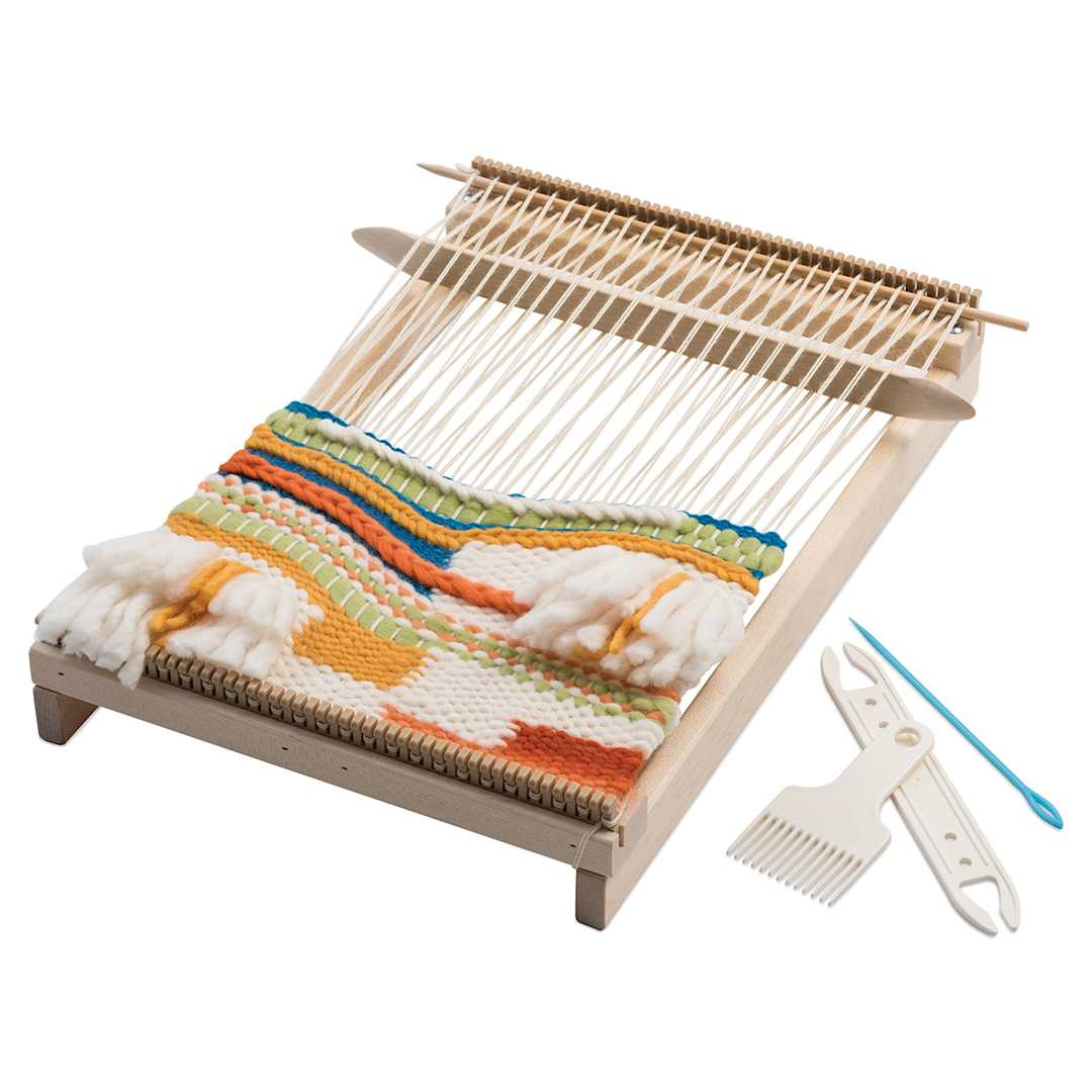 Open in modal - Schacht Lilli Loom - Right angle view of loom and components, showing a partially completed woven textile