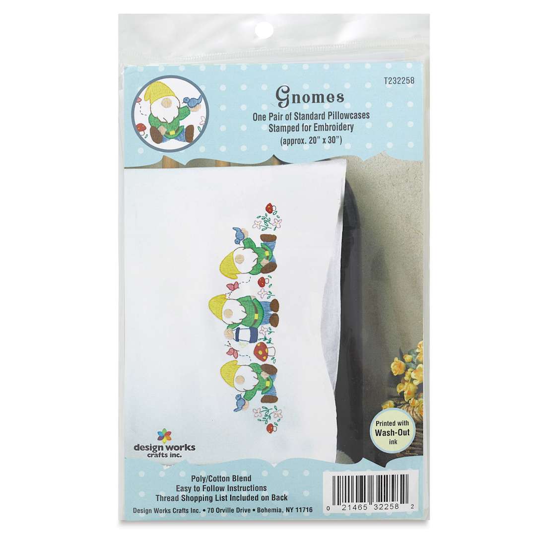 Open in modal - Design Works Stamped For Embroidery Pillowcase - Gnomes, Pkg of 2, front of the packaging
