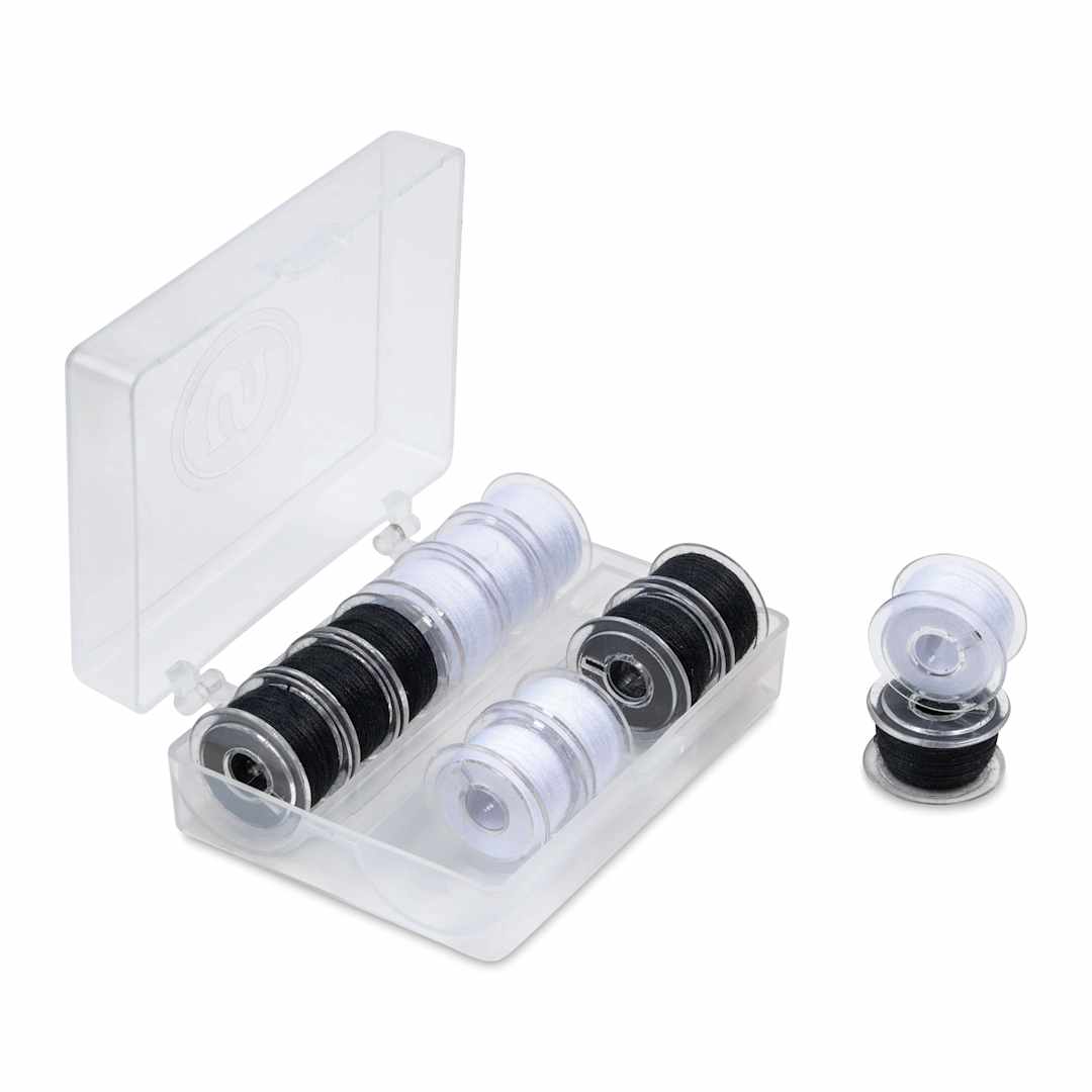 Open in modal - Singer Sewing Machine Bobbins - Class 15, Black and White, Pkg of 12 threaded bobbins inside of case