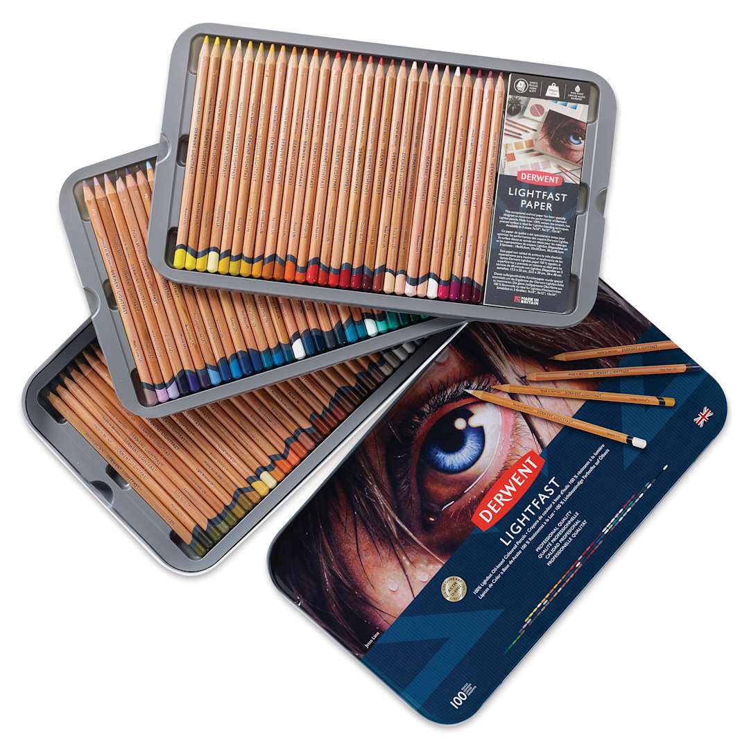 Open in modal - Derwent Lightfast Colored Pencils - Tin Box Set of 100 (front of metal box and set contents)