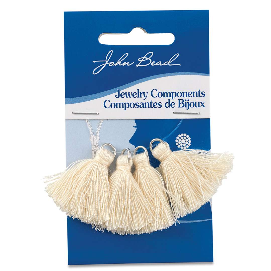 Open in modal - John Bead Poly Cotton Tassels - Front of blister package of 4 Ivory Tassels
