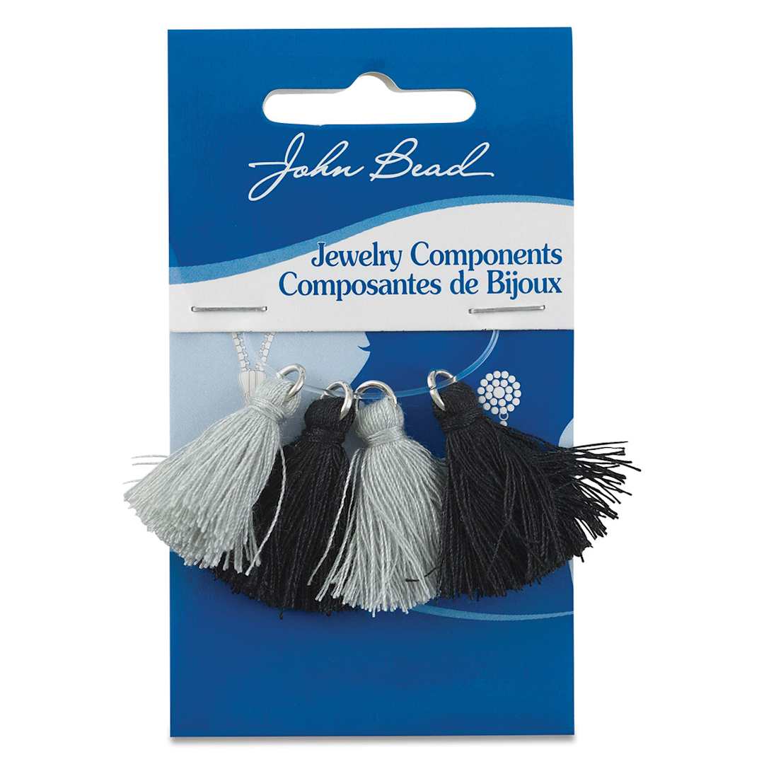 Open in modal - John Bead Poly Cotton Tassels - Front of blister package of 4 Black and Gray Tassels
