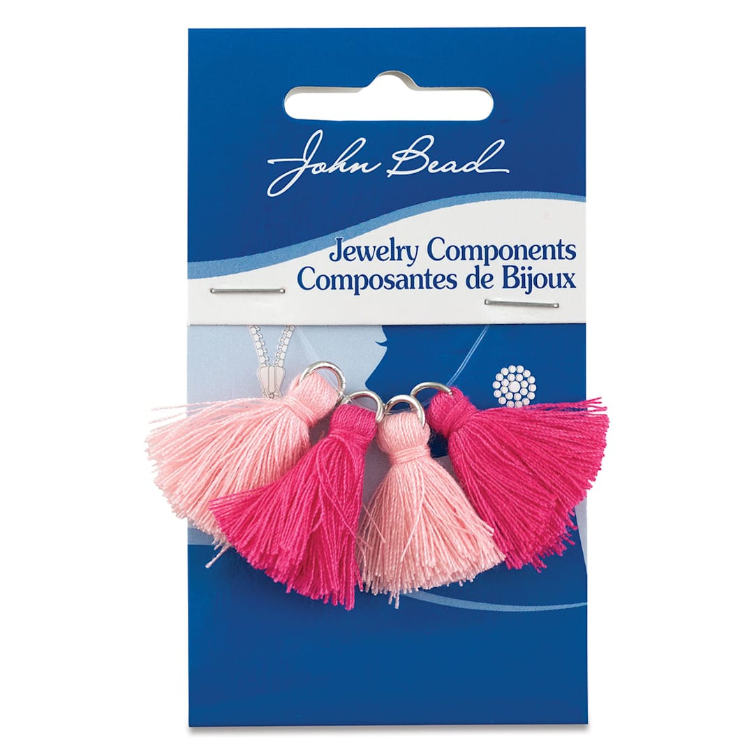 Open in modal - John Bead Poly Cotton Tassels - Front of blister package of 4 Rosewater and Fuchsia Tassels