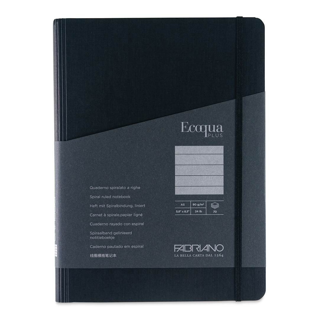 Open in modal - Fabriano Ecoqua Plus Hidden Spiral-Bound Notebook - Black, 8-1/4" x 5-4/5". Ruled, front cover