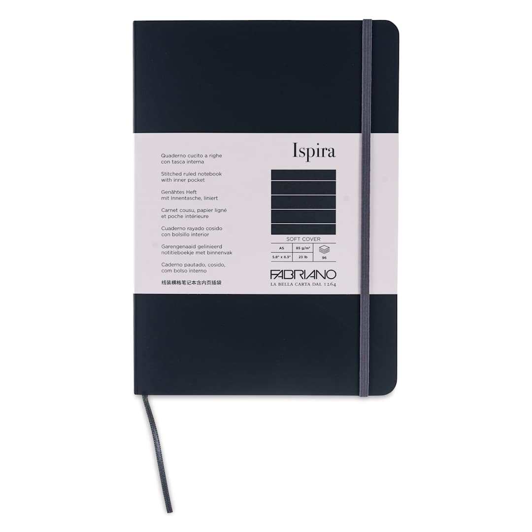 Open in modal - Fabriano Ispira Soft-Cover Notebook - Black, 5-4/5" x 8-1/4", Ruled, front cover