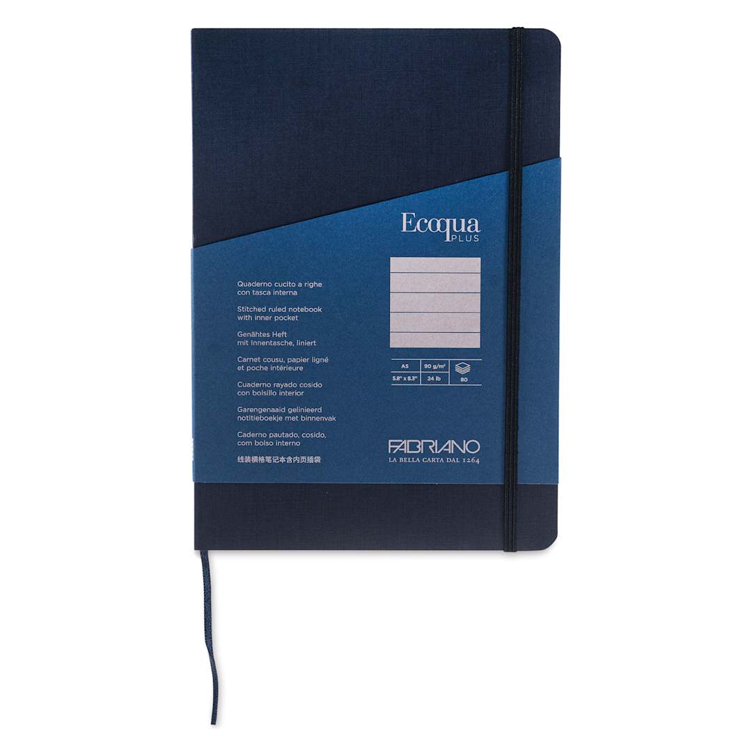 Open in modal - Fabriano EcoQua Plus Stitch-Bound Notebook - Navy, 5-4/5" x 8-1/4", Lined, front cover