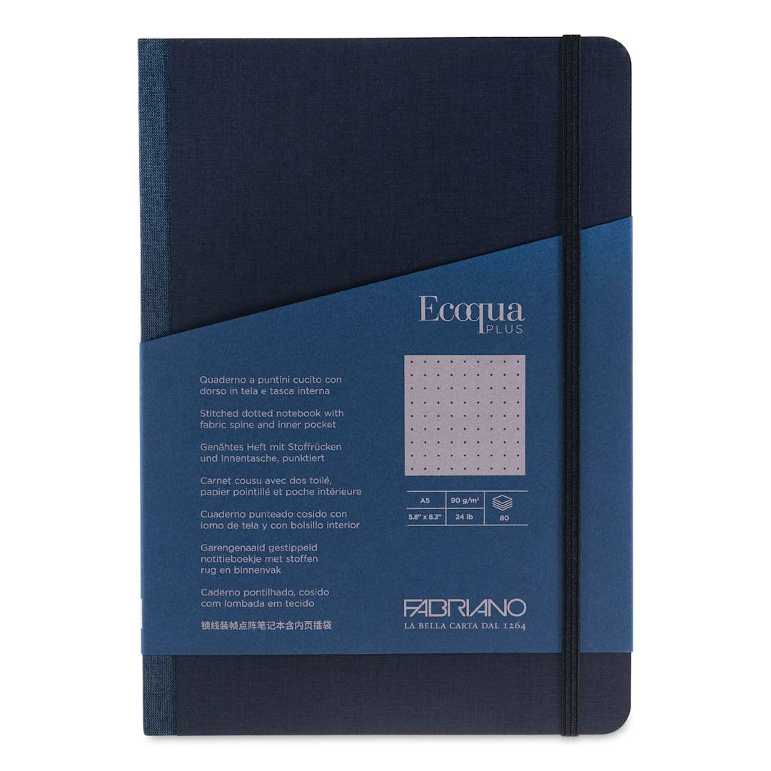 Open in modal - Fabriano Ecoqua Plus Fabric-Bound Notebook - Navy, 5-4/5" x 8-1/4", Dot Grid, front cover
