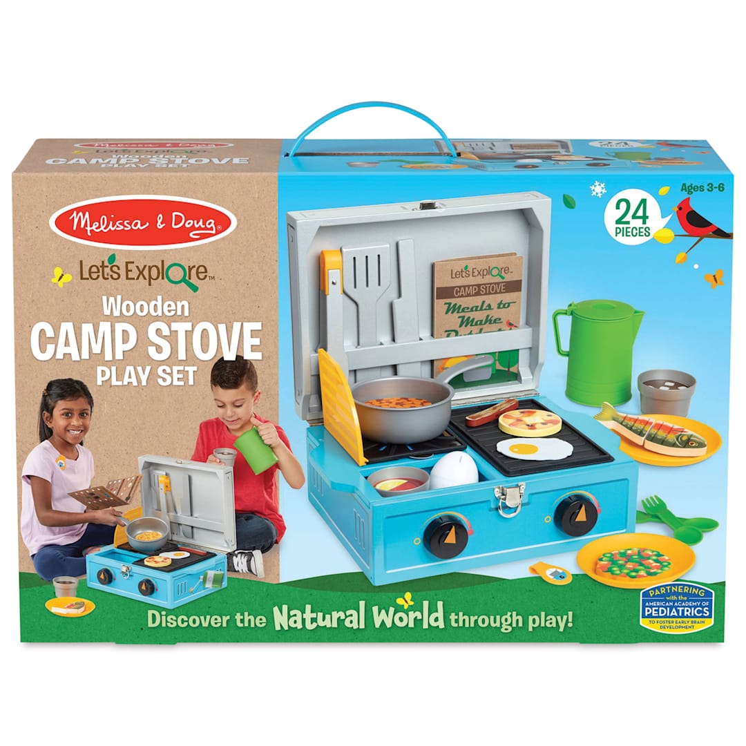 Open in modal - Melissa & Doug Let's Explore Wooden Camp Stove Play Set (Front of packaging)