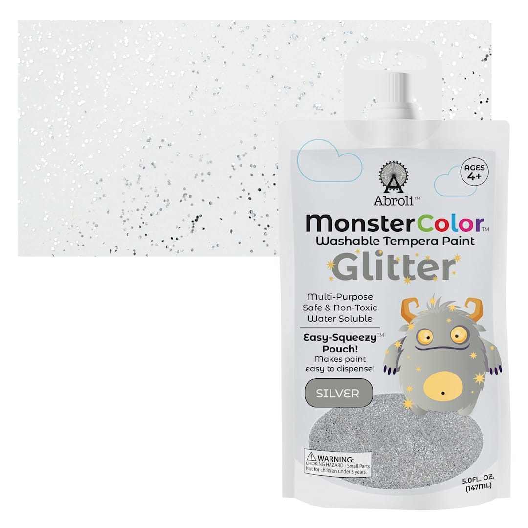 Open in modal - Abroli MonsterColor Washable Tempera Paint - Silver Glitter, 5 oz Pouch and swatch