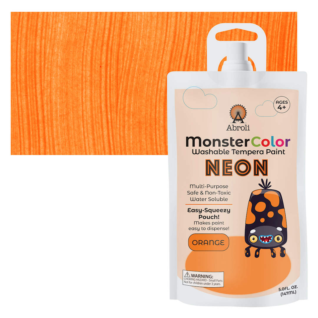 Open in modal - Abroli MonsterColor Washable Tempera Paint - Neon Orange, 5 oz Pouch and swatch