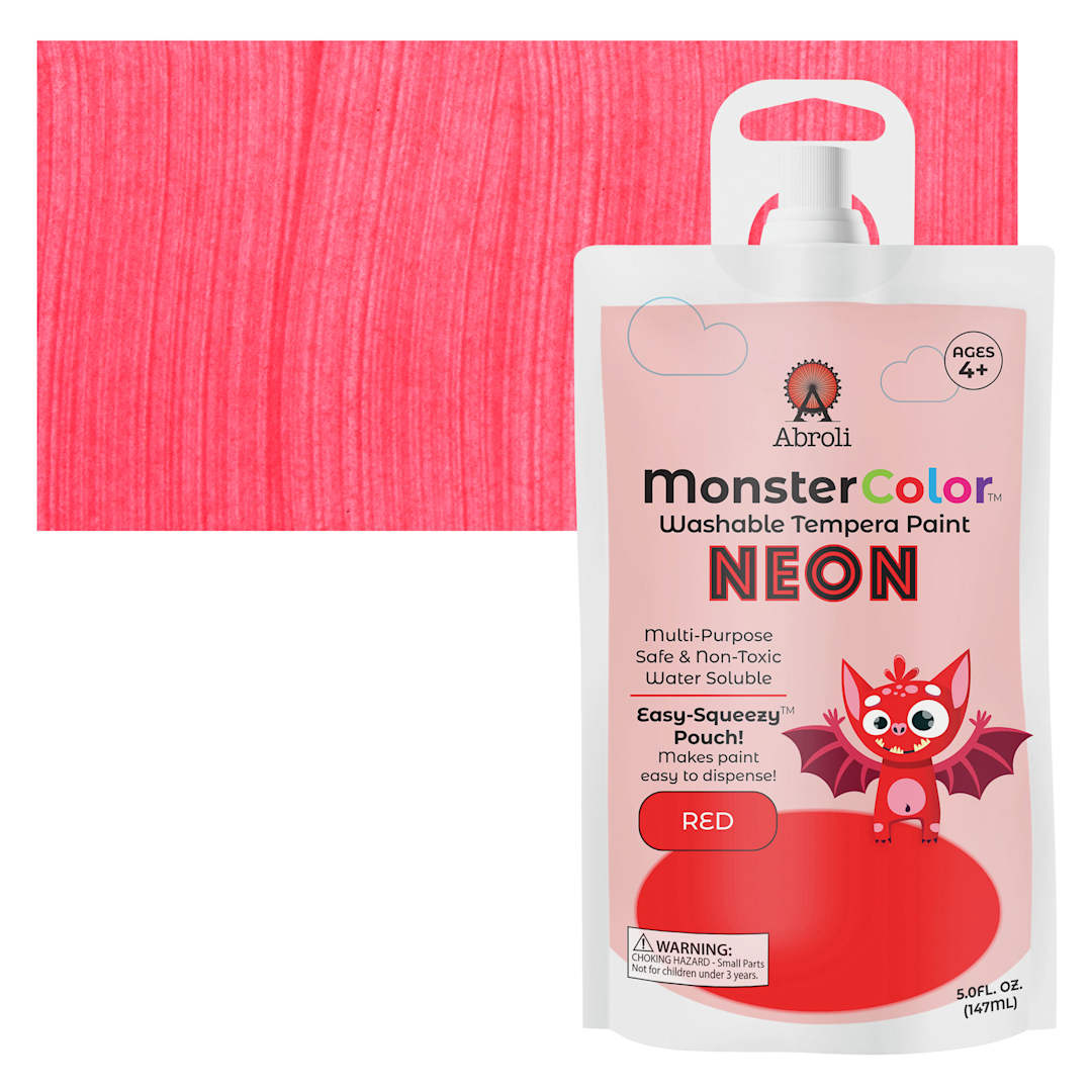 Open in modal - Abroli MonsterColor Washable Tempera Paint - Neon Red, 5 oz Pouch and swatch