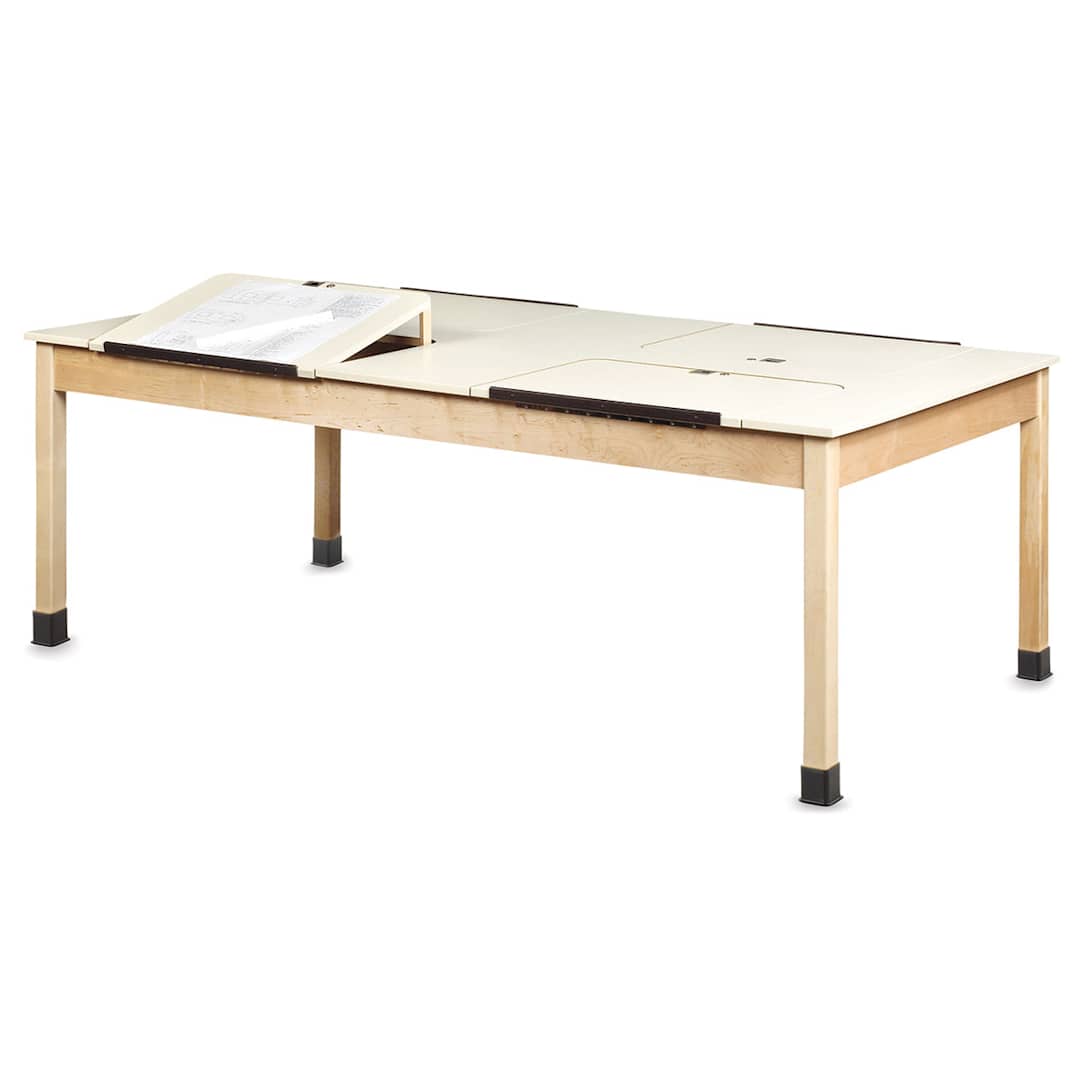 Open in modal - Diversified Spaces four station drawing table showing one station lifted into drafting position