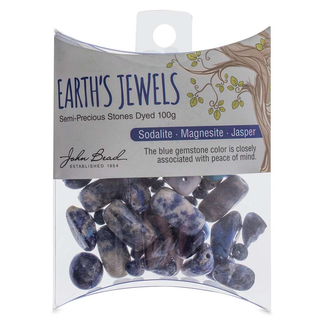 Open in modal - John Bead Earth's Jewels - Front view of package of Dyed Blue Jasper and Magnesite Beads
