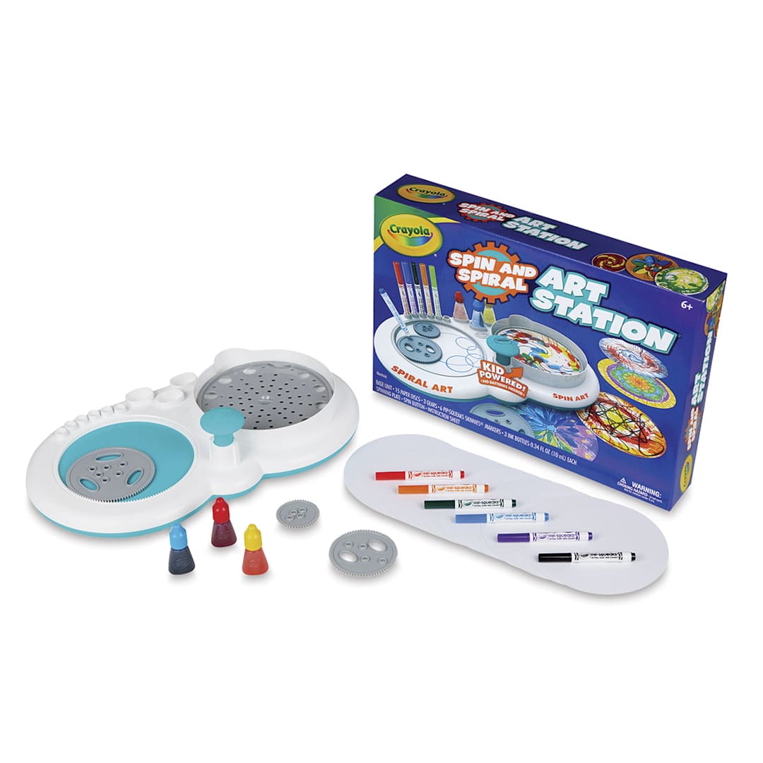 Open in modal - Crayola Spin and Spiral Art Station - Components shown with package