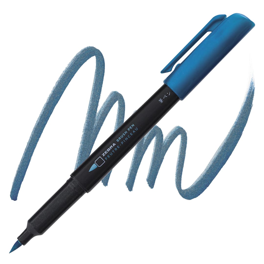 Open in modal - Zebra Metallic Brush Pen - Dark Blue pen and swatch