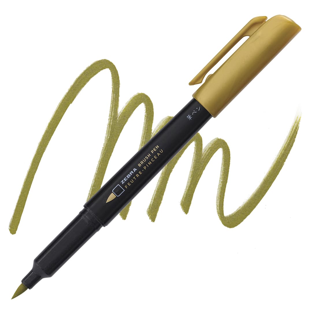 Open in modal - Zebra Metallic Brush Pen - Gold pen and swatch