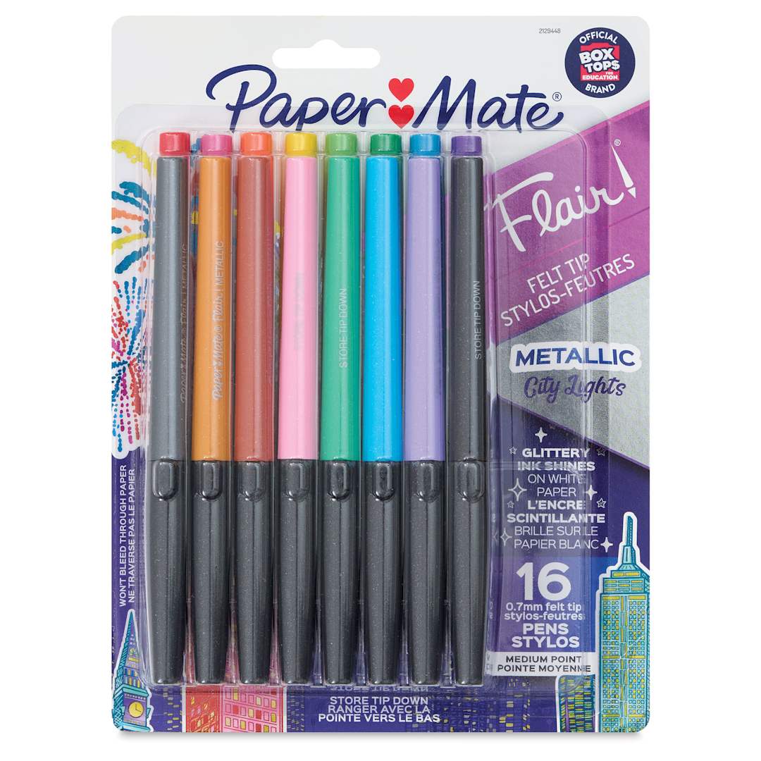 Open in modal - Paper Mate Flair Metallic Pens - Set of 16, front of the packaging