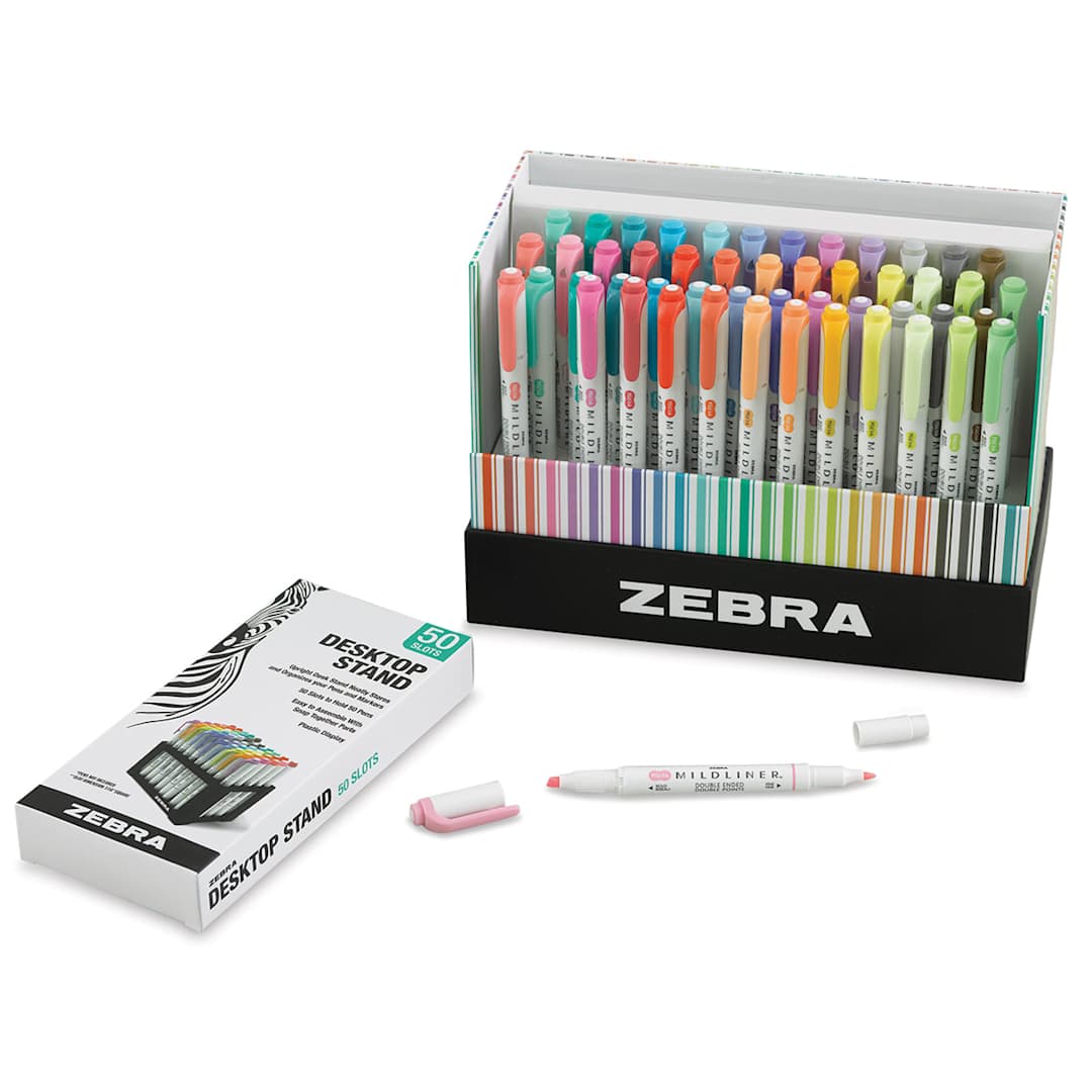 Open in modal - Zebra Mildliner Pens Complete Collection - Set of 50 (box open showing contents with stand in box)