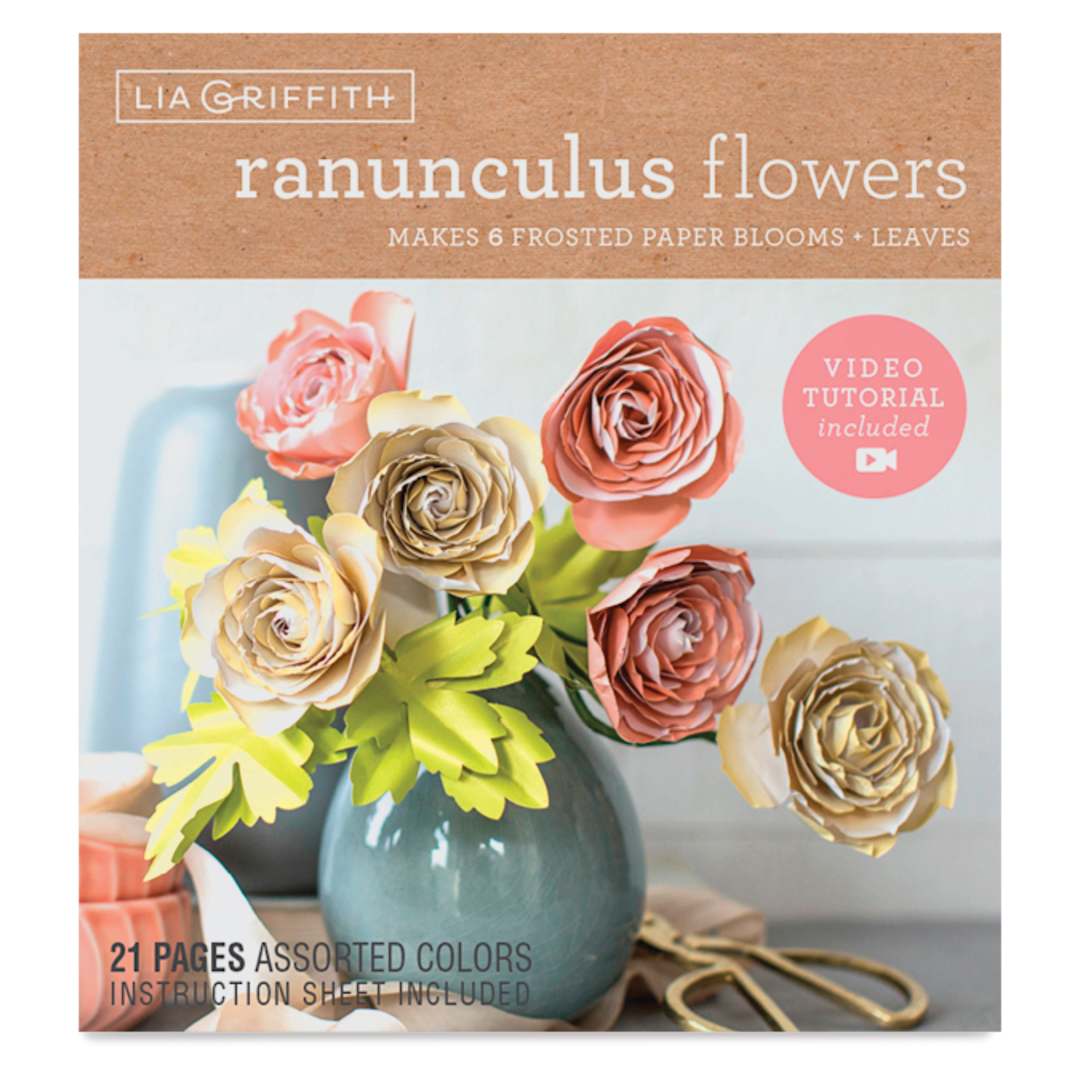 Open in modal - Lia Griffith Frosted Paper Blooms - Ranunculus, 6" x 6.5", 21 Sheets front of packaging