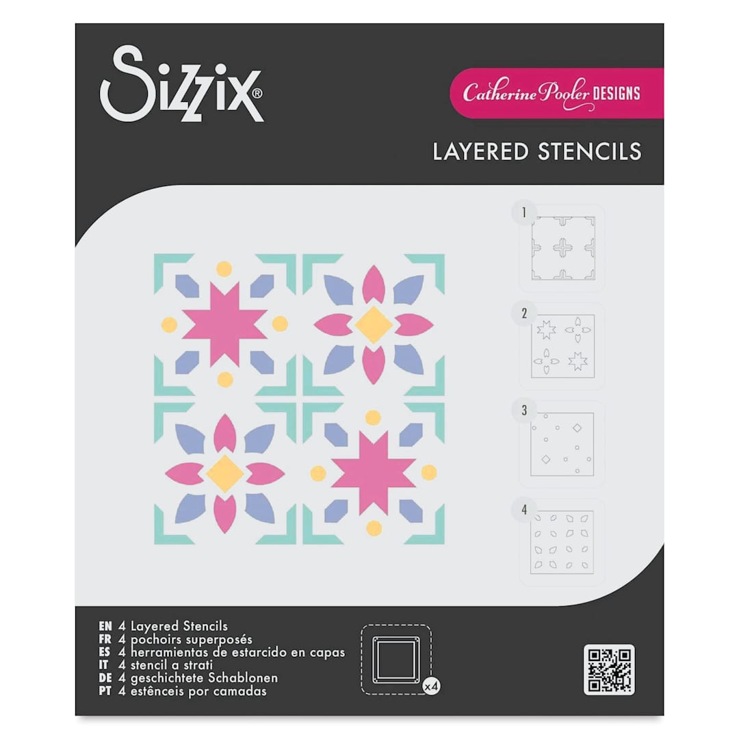 Open in modal - Sizzix Print & Pattern Mini Layered Stencils - Patchwork Tile front of packaging
