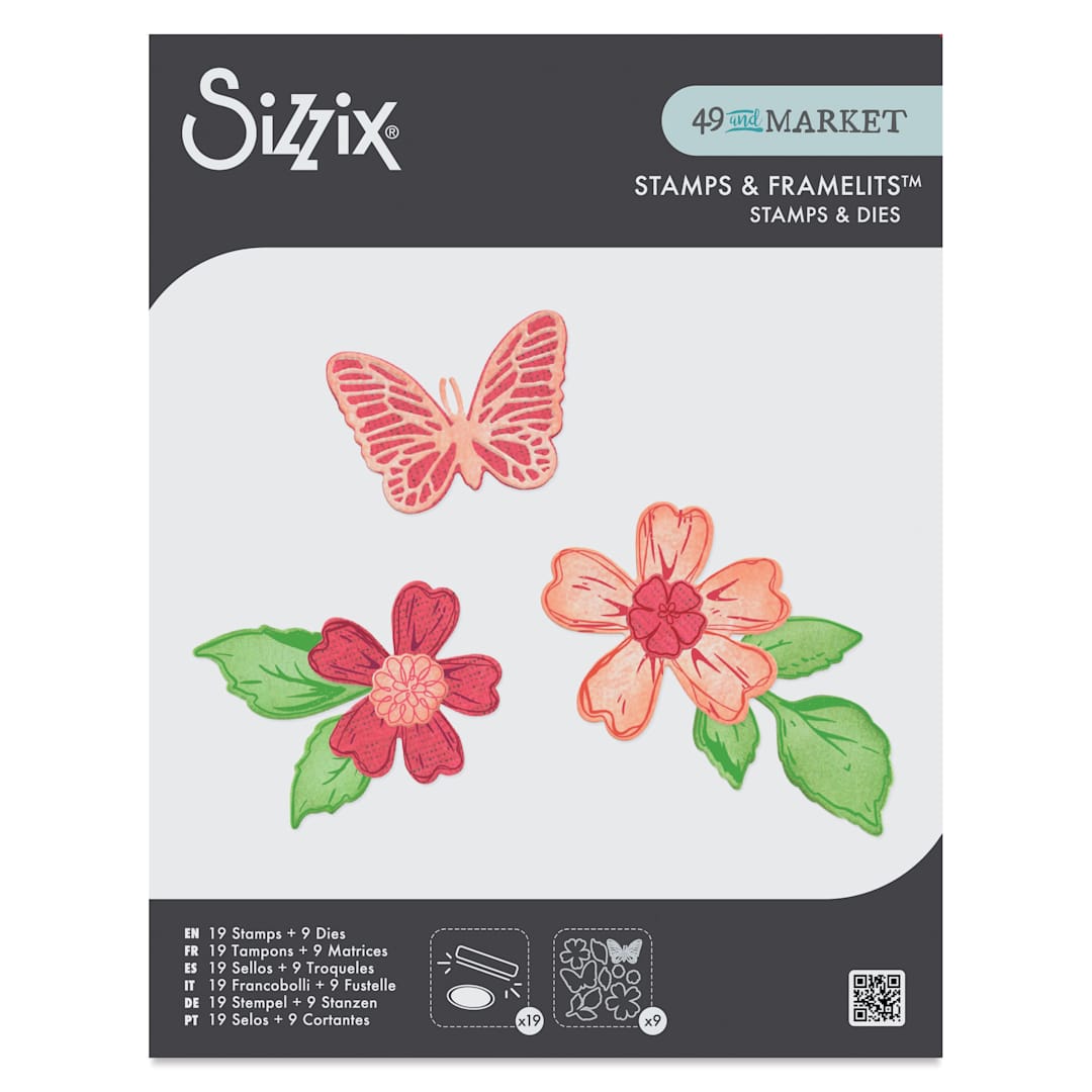 Open in modal - Sizzix Floral Pattern Stamp & Framelit Set - Sweet Sprigs, front of packaging