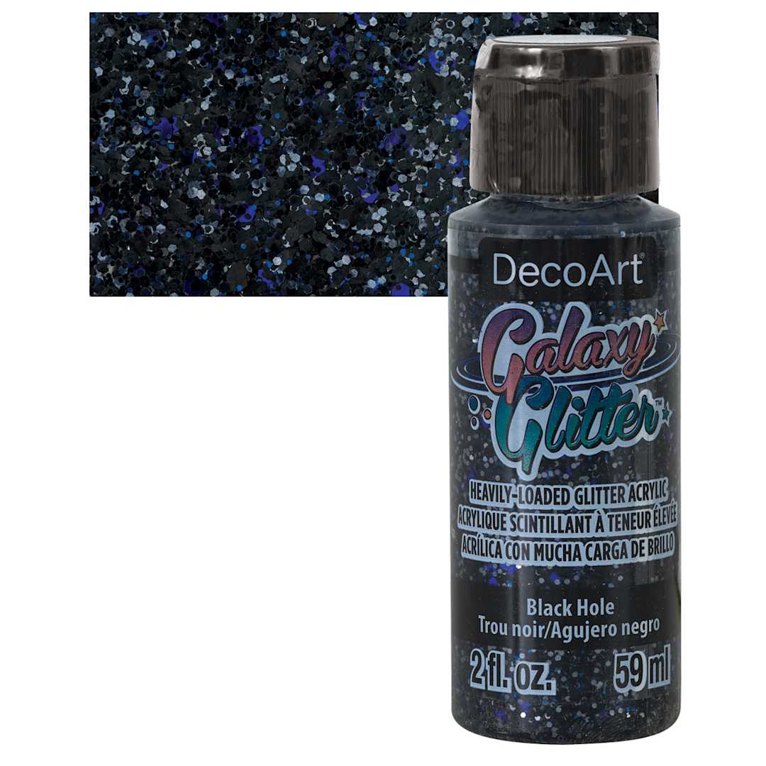 Open in modal - DecoArt Galaxy Glitter Paint - Black Hole, 2 oz bottle and swatch