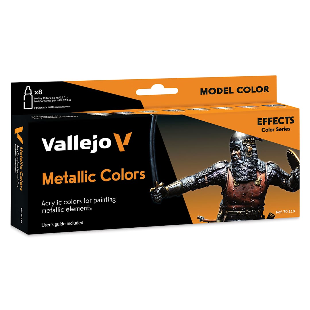 Open in modal - Vallejo Acrylic Model Color Paints Set - Set of 8, Metallics, 18 ml front of packaging